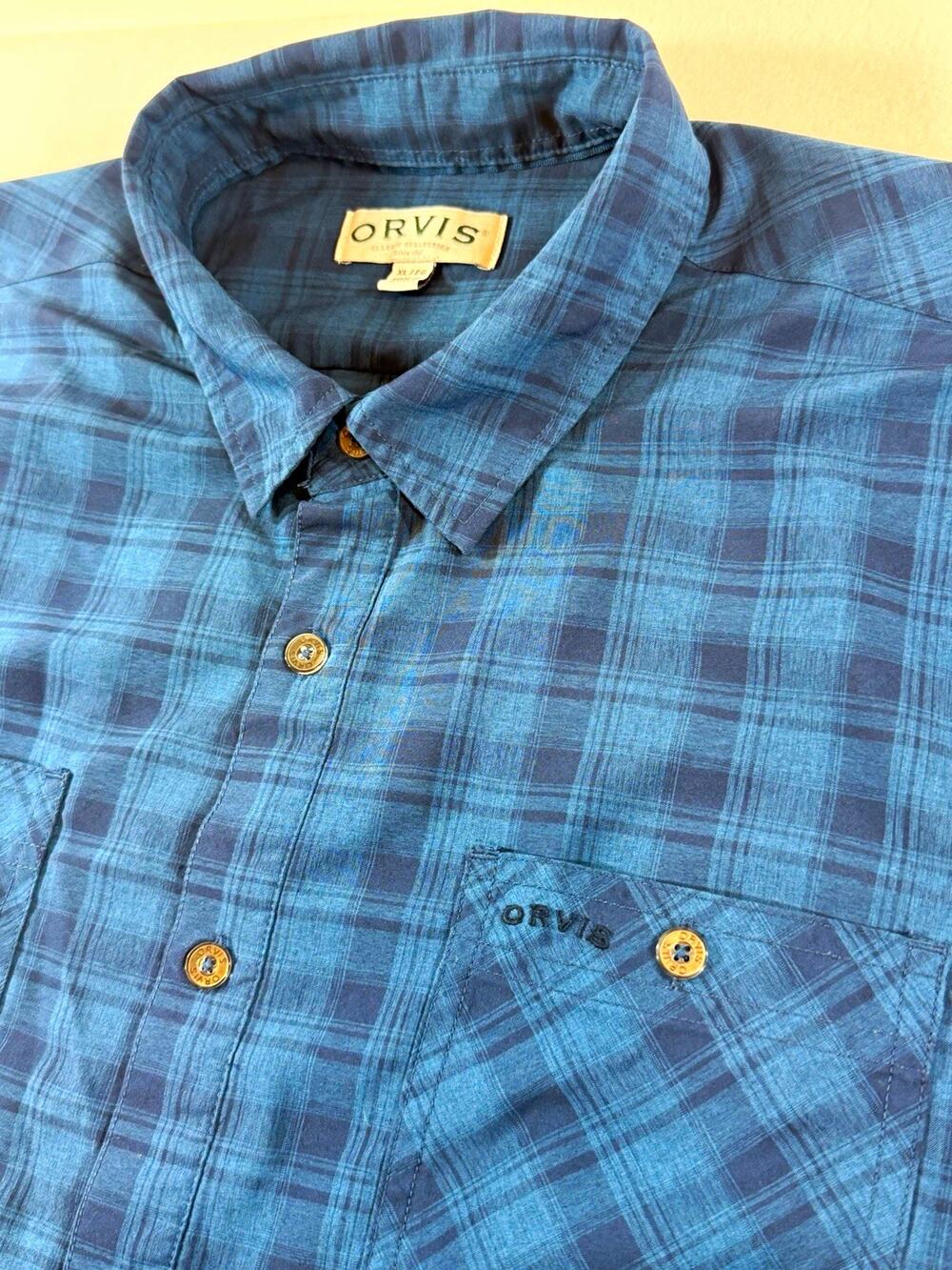 Orvis men’s long sleeve button-down shirt in a red and blue gingham/check patter